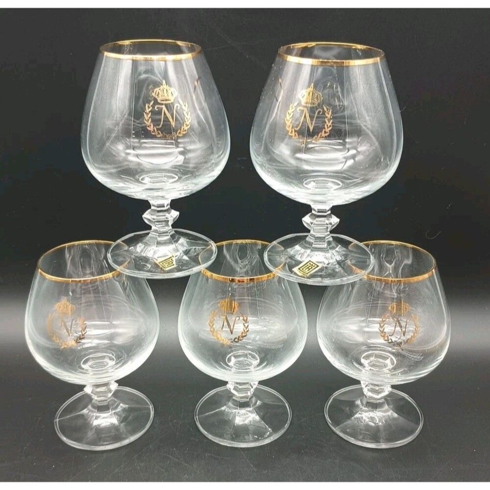 5 Vtg Czech Crystal Napoleon Snifters Irice Cordial Cognac N Crown Laurels